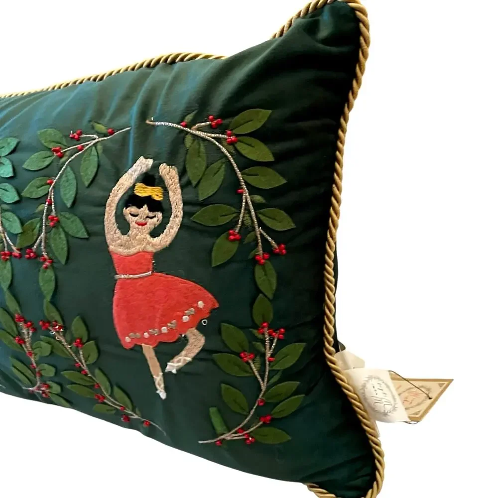 Nutcracker Embroidered Green Velvet Christmas Pillow 14x24 Winter Holiday NEW